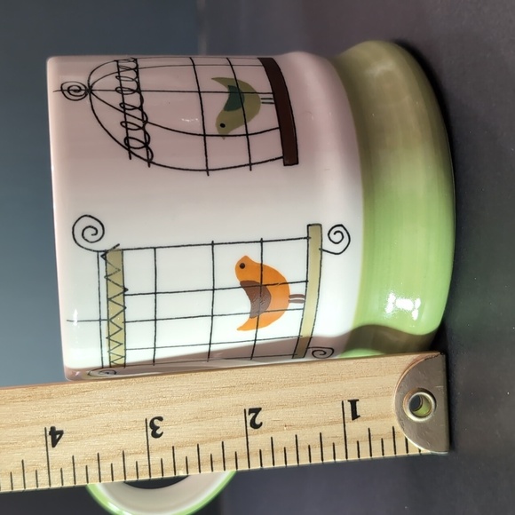 Pier 1 Hand painted Stoneware Green/White Coffee Mug with Birds in Cages Design. - Picture 8 of 8